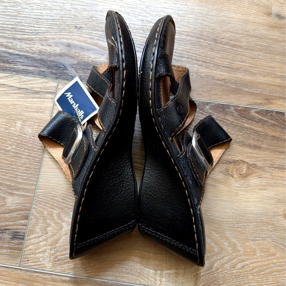 Børn Black Leather Crisscross Buckle Wedge Sandals Size 10 Slip-On Comfort NWOB - Picture 5 of 10